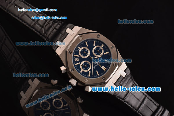 Audemars Piguet Royal Oak Chrono Japanese Miyota OS20 Quartz Stainless Steel Case with Black Leather Strap and Blue Dial - Click Image to Close